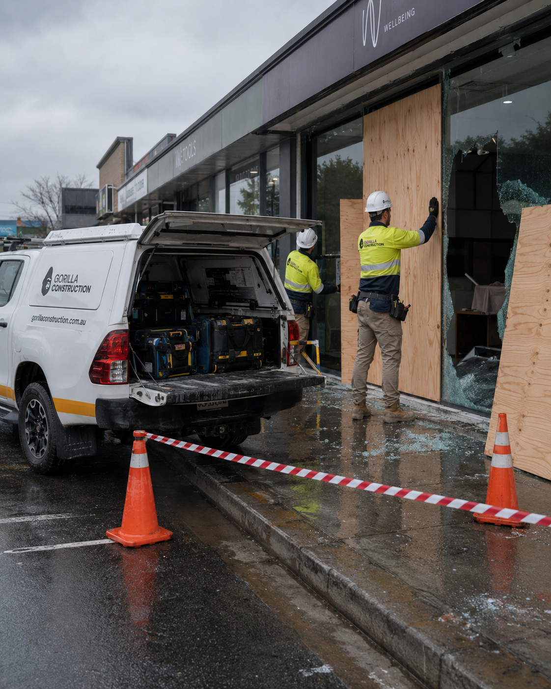 Gorilla crew boarding up a storefront make-safe